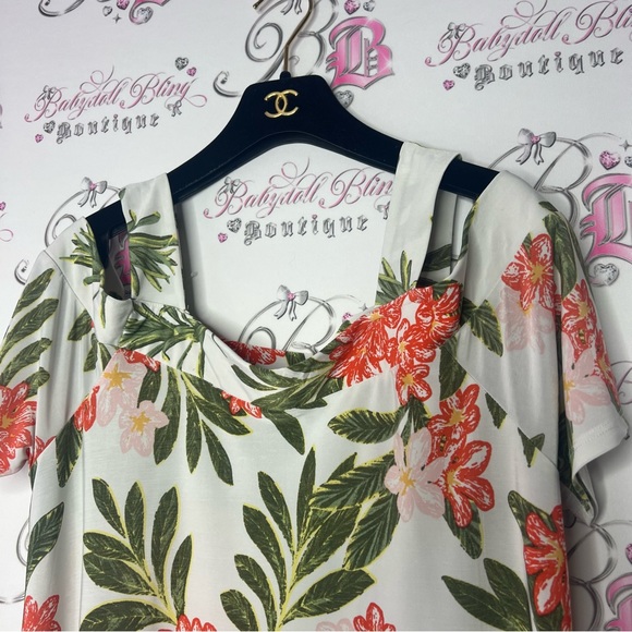 Lily Morgan cold shoulder tshirt floral tropical orange green white flowers - Picture 2 of 5